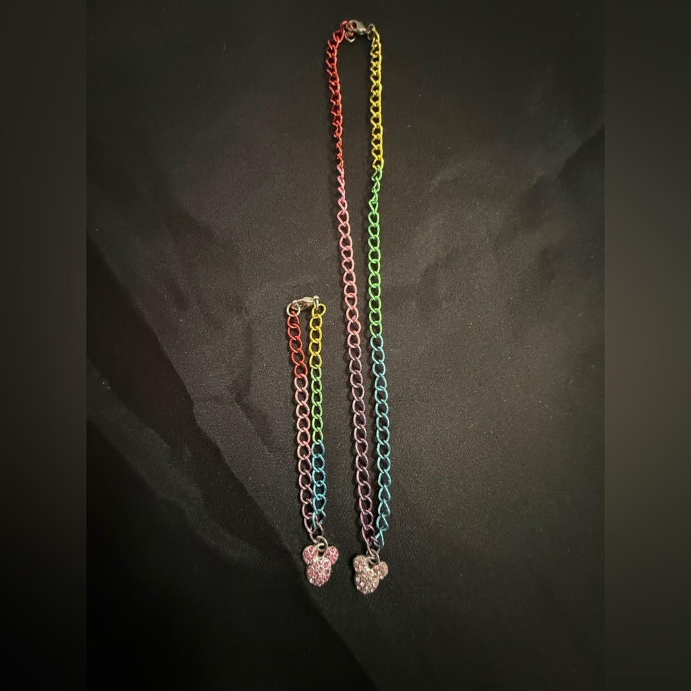 Rainbow Heart Pendant Necklace and Bracelet Set